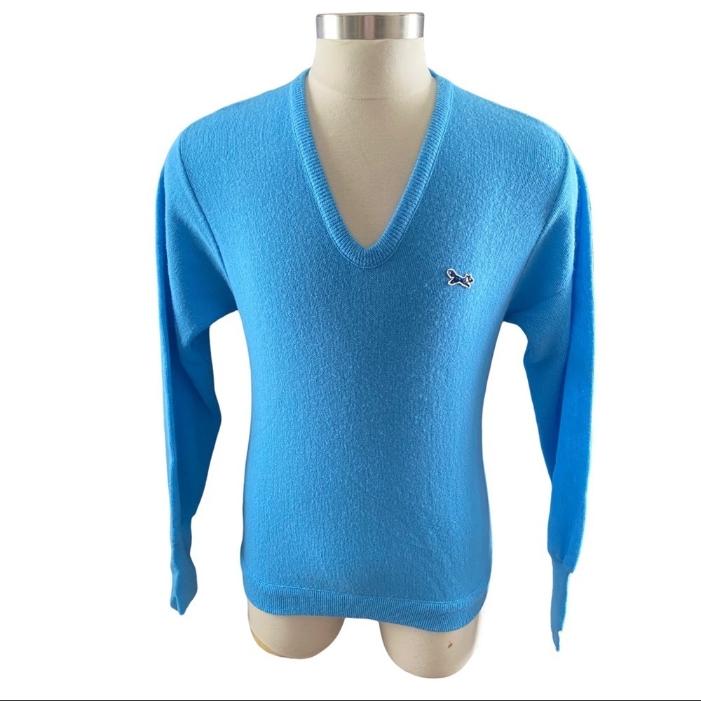 Vtg 70s J.C. Penney USA The Fox Sweater Aqua Blue V-Neck Men’s Sweater Sz Medium